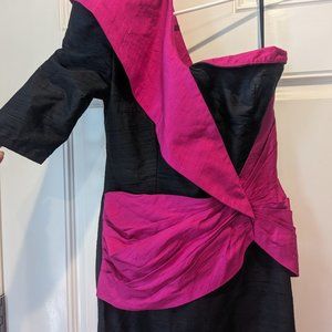 Vintage 80's Slub Silk Black and Hot Pink Asymmetrical Dress